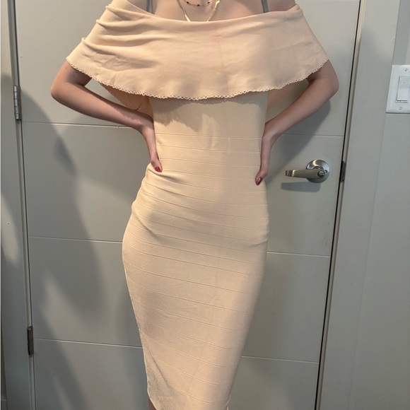 Marciano Tan Off-Shoulder Ruffled Midi Dress - Picture 1 of 3